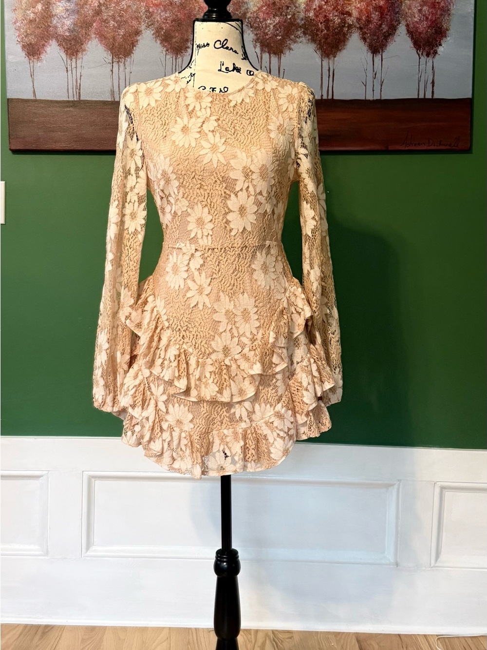 Cashmere & champagne Lace Ruffle Long-Sleeve Mini Dress in Cream